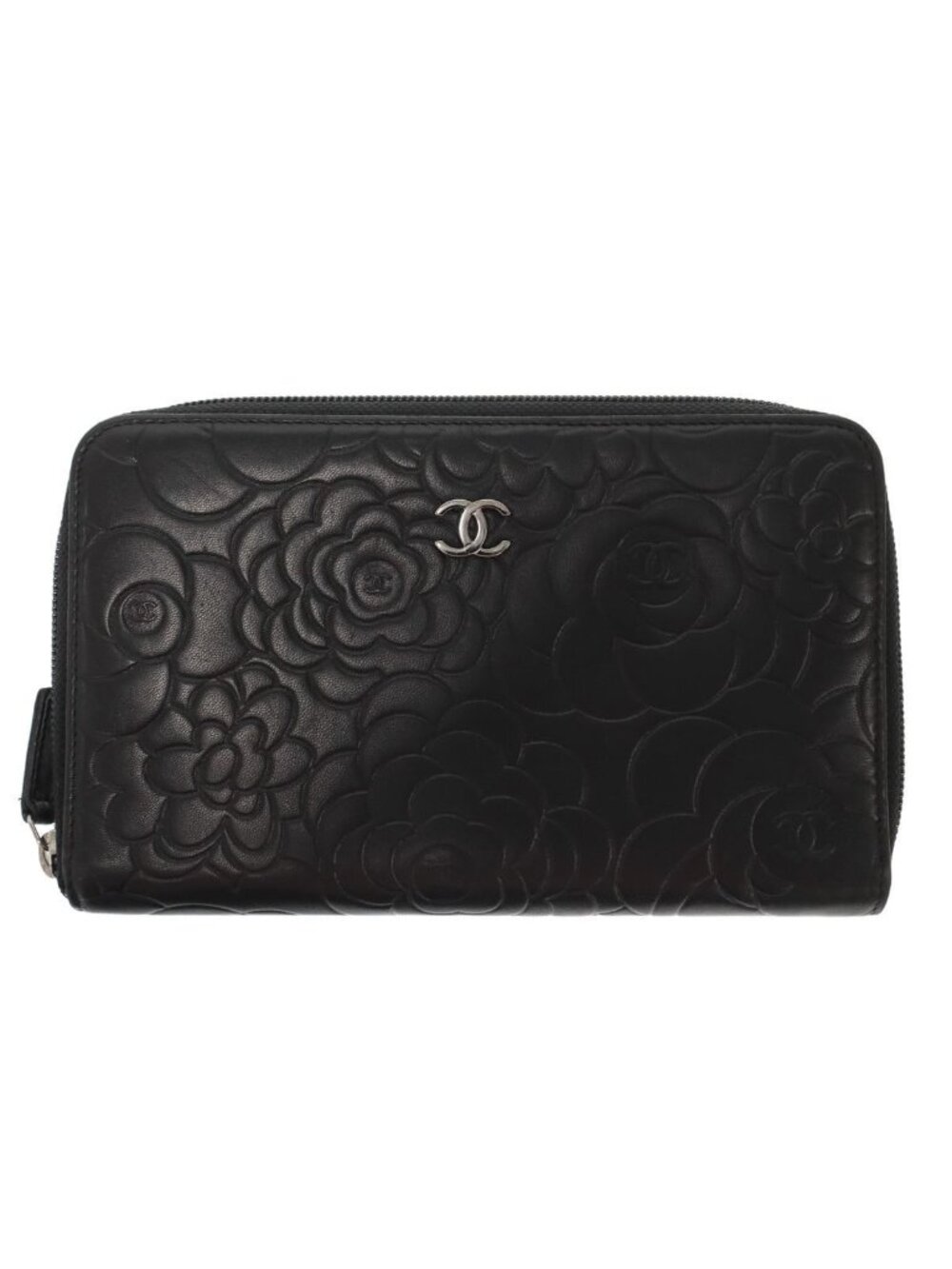 Chanel CC Logo Camellia Round Zip Leather Wallet Black